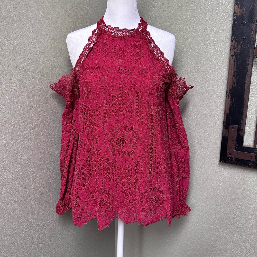BigHit burgandy lace cold shoulder button neck double layer blouse